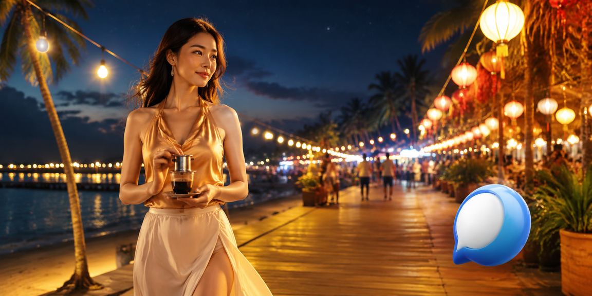 Người dùng Việt Nam thư giãn với cà phê tại Phú Quốc và truy cập nền tảng 1505 trên điện thoại